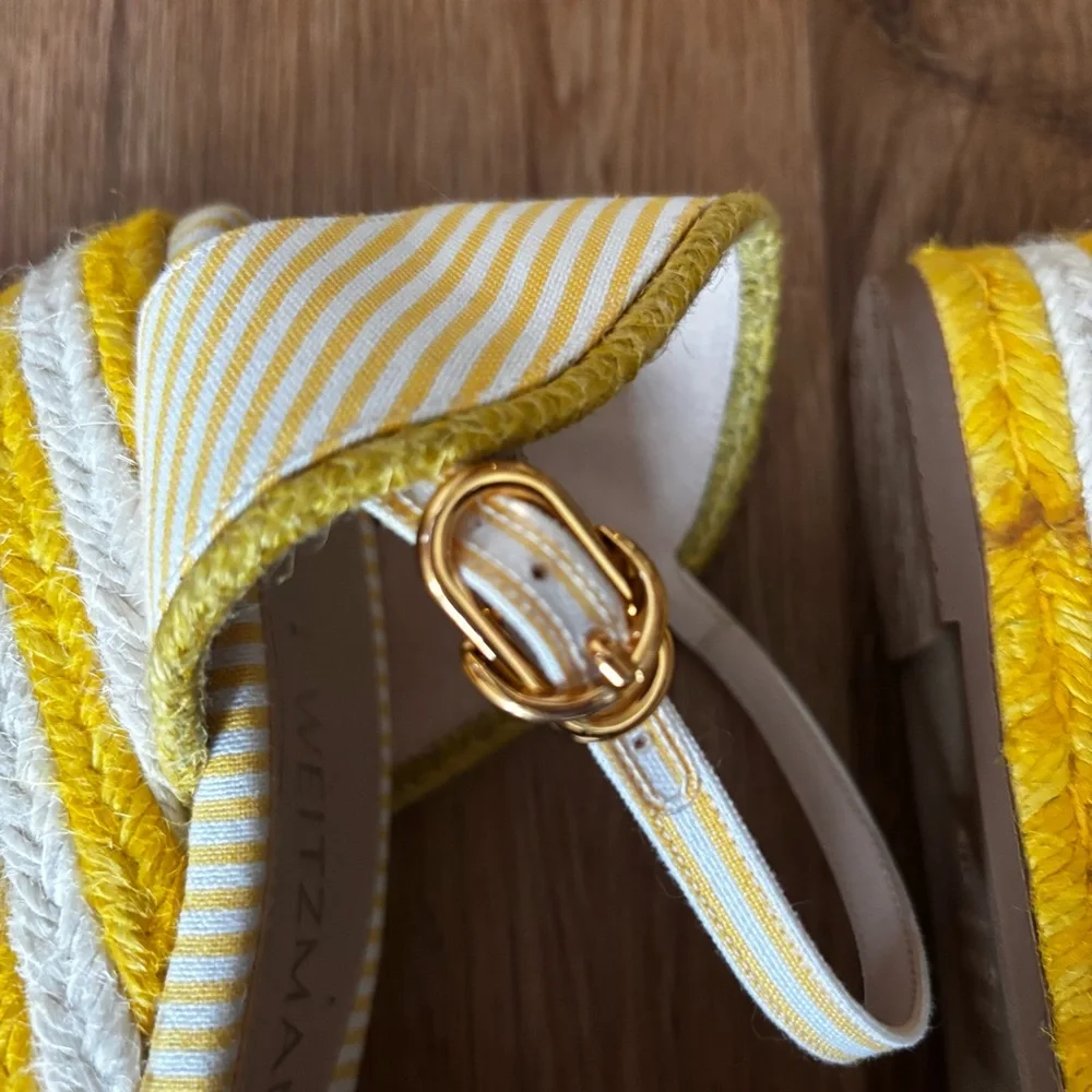 Stuart Weitzman Yellow and White Striped Espadrille Wedge Sandals Mirela - Picture 11 of 12